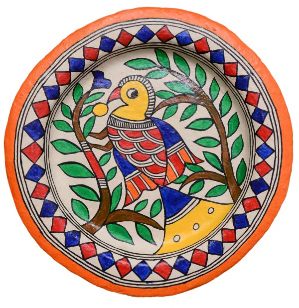 23. Bird Perched on a Tree Branch : Madhubani Plate by Priti Karn