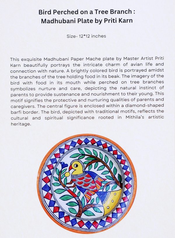 23. Bird Perched on a Tree Branch : Madhubani Plate by Priti Karn - Image 2