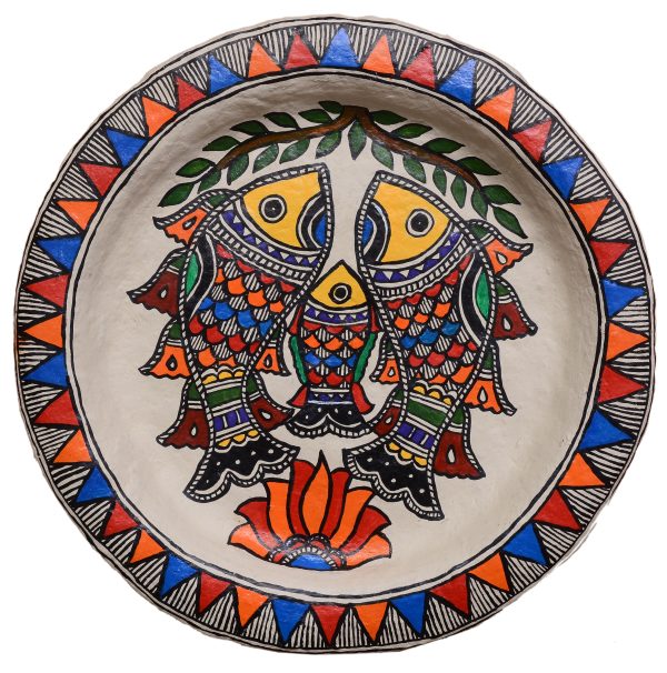 30. Fishes and Lotus In Madhubani Paper Mache Plate by Priti Karn