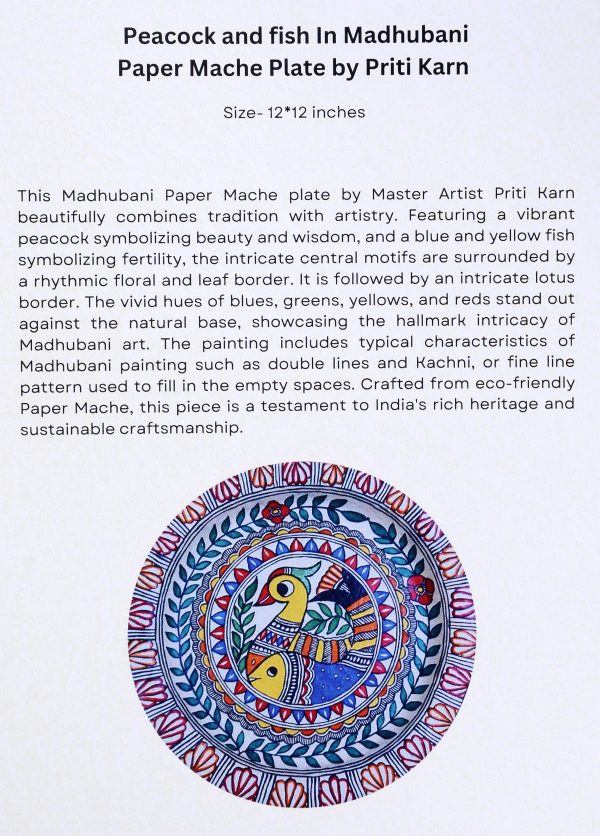 37. Peacock and fish In Madhubani Paper Mache Plate by Priti Karn - Image 2