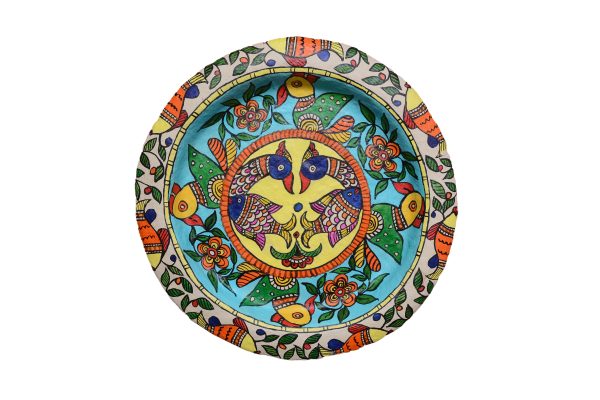 40. Harmony in Nature: Peacocks, Birds and Fish Madhubani Paper Mache plate by Priti Karn