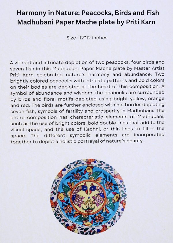 40. Harmony in Nature: Peacocks, Birds and Fish Madhubani Paper Mache plate by Priti Karn - Image 2